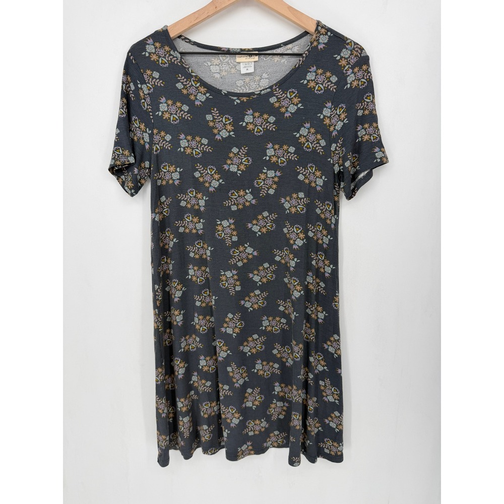 Natural Life Floral Shirt Dress Women Size M Grey Boho Cottage Casual Comfort